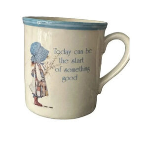Holly Hobbie Stoneware Blue Girl Child's Mug 9 Oz Blue Trim Happy Is The Home